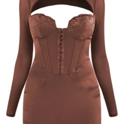 Robe Moulante Satinée Chocolat à Manches En Mesh Détail Crochets & Oeillets Et Dentelle -Pas Cher Robe Tendre Magasin e2a61a7b711b800299b30cd9269b154935dd3656 cnd0374 5