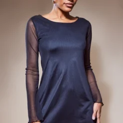 Mini Robe Noire à Manches Longues En Mesh