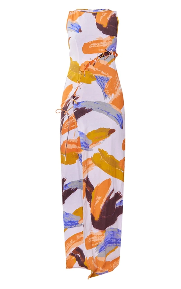 Robe Longue Blanche Imprimé Abstrait Effet Lin à Lacets Et Détail Oeillets 5 Robe Longue Blanche Imprimé Abstrait Effet Lin à Lacets Et Détail Oeillets – Image 5