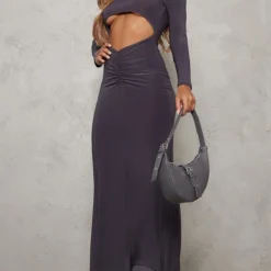 Robe Longue Moulante Découpée Gris Anthracite à Taille Froncée Et Manches Longues -Pas Cher Robe Tendre Magasin e8626f81a680695b846e9f47a8ca3af342ee145b cnd0413 3