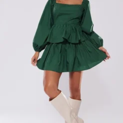 Robe Droite En Coton Vert Forêt à étages Et Manches Longues Détail Dos Noué -Pas Cher Robe Tendre Magasin e90906bdd0857fe0c5ebb986231c328aa9dd89da cnb4798 3
