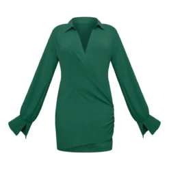 Robe Chemise Tissée Bleu Sarcelle Texturée Très Décolletée à Manchettes évasées -Pas Cher Robe Tendre Magasin e9681f7314e394657a1742ac13e7037e9f03928a cnb9160 5