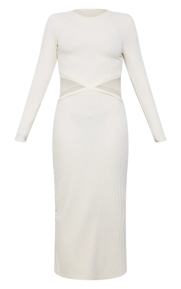 Robe Longue Côtelée Texturée Crème à Découpes Croisées 5 Robe Longue Côtelée Texturée Crème à Découpes Croisées – Image 5