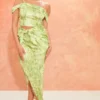Robe Mi-longue Satinée Imprimé Renaissance Vert Citron à épaule Unique