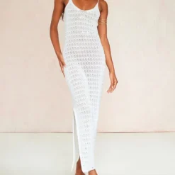 Robe Longue En Maille Tricot Crochetée Blanche à Fente Latérale