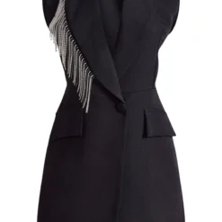 Robe Blazer Noire Ajustée à Bordures Frangées Strassées -Pas Cher Robe Tendre Magasin ecdae71fdd9ba84504a91a3fa788c12892059499 cnb0821 5