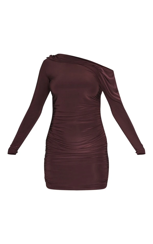 Robe Asymétrique Moulante Chocolat à Fronces 5 Robe Asymétrique Moulante Chocolat à Fronces – Image 5