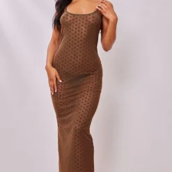 Robe Longue En Mesh Transparent Fleuri Kaki Froncée Sur Le Buste à Bretelles