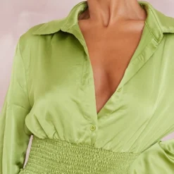 Robe Chemise Satinée Vert Olive à Taille Froncée -Pas Cher Robe Tendre Magasin f007eb8a7b8d40617a1a9a5d5e31a5589962dbe3 cne1414 4