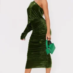 Robe Mi-longue En Velours Froncé Vert Olive à Manche Unique -Pas Cher Robe Tendre Magasin f22e7ff9b1e2627fd7f30f08e0f627abf229371a cmt9195 4