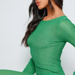 Robe Longue Texturée Ajourée Vert Foncé à Manches Longues -Pas Cher Robe Tendre Magasin f28cc3f02b54a29dc43150954876597fcf4de07b cne8469 4