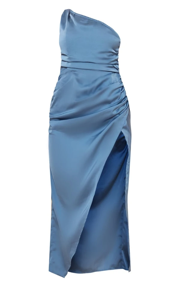 Robe Longue Asymétrique Satinée Froncée Bleu Minéral Fendue 5 Robe Longue Asymétrique Satinée Froncée Bleu Minéral Fendue – Image 5