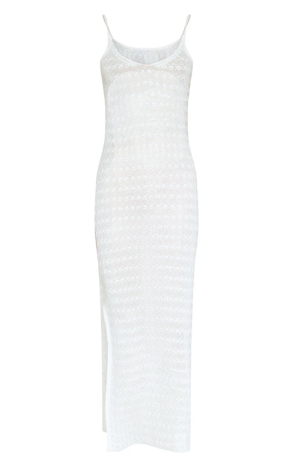 Robe Longue En Maille Tricot Crochetée Blanche à Fente Latérale 5 Robe Longue En Maille Tricot Crochetée Blanche à Fente Latérale – Image 5