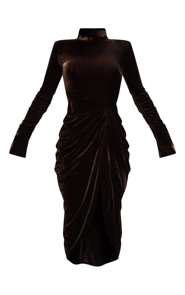 Robe Mi-longue Fendue En Velours Drapé Chocolat à Col Montant Et Manches 5 Robe Mi-longue Fendue En Velours Drapé Chocolat à Col Montant Et Manches – Image 5