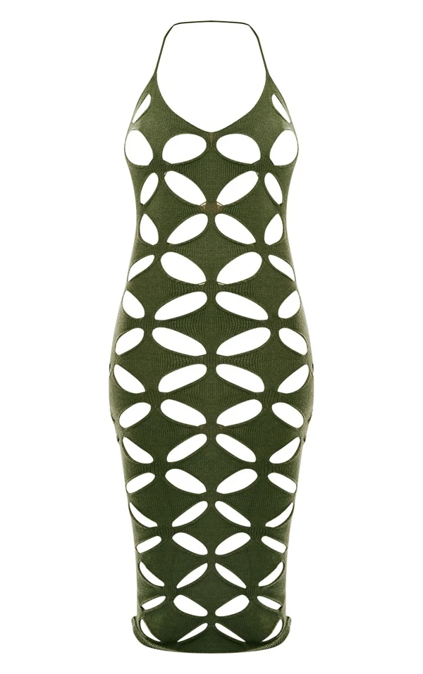 Robe Mi-longue Kaki à Découpes Losanges 5 Robe Mi-longue Kaki à Découpes Losanges – Image 5