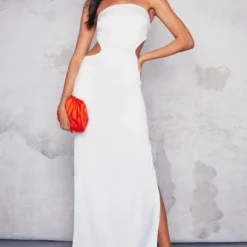 Robe Bustier Longue Blanche Satinée Découpée Sur Les Côtés -Pas Cher Robe Tendre Magasin f8d005405c89903e1d2b7807041eb82dd5bf0d3c cne1436 3