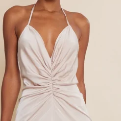 Robe Mi-longue Satinée Champagne Froncée Sur La Taille à Dos Nu Et Décolleté Plongeant -Pas Cher Robe Tendre Magasin fa71e54736769e90aed55071ee2a90a93dd4a5ae cnd2204 4