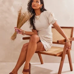 Robe Moulante Effet Lin Gris Pierre à Col Rond Et Jupe Froncée -Pas Cher Robe Tendre Magasin fbbe8e02450eecddc1d6a3c5aa0c5110f6e34dfa cnd4032 3