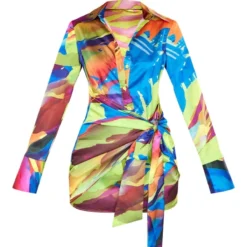 Robe Chemise Satinée Imprimé Abstrait Multicolore à Détail Noué -Pas Cher Robe Tendre Magasin fbc81884672bffdb975ebbffab4ecddf5e748897 cne4574 5
