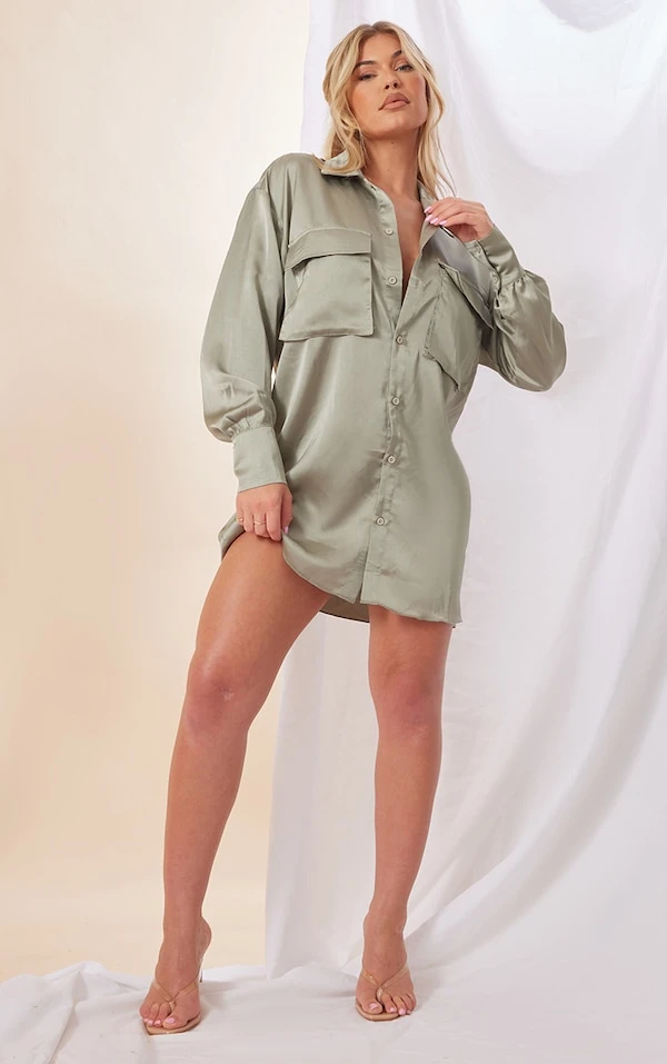 Robe Chemise Satinée Sauge Oversize à Détail Poches 3 Robe Chemise Satinée Sauge Oversize à Détail Poches – Image 3