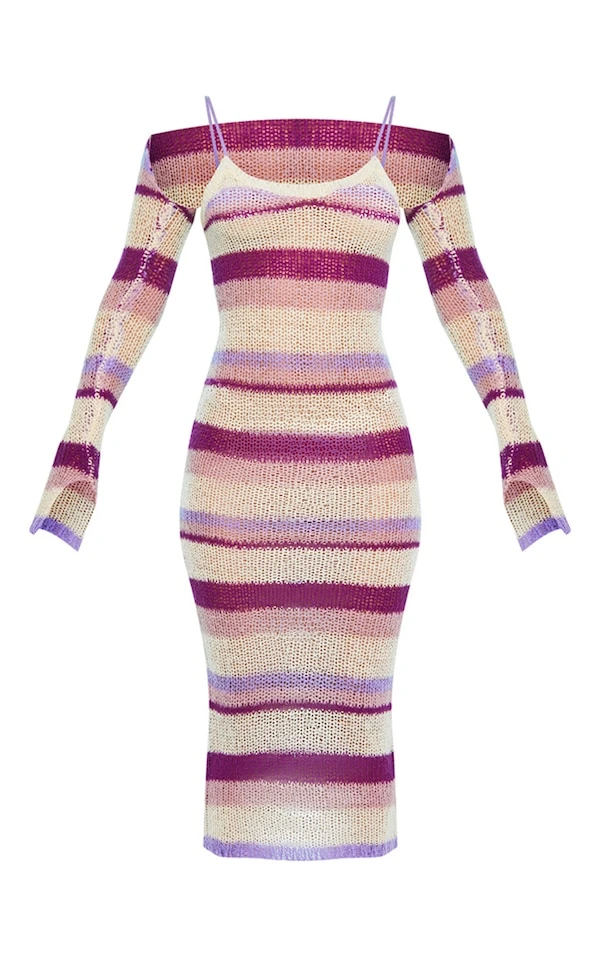 Robe Longue En Maille Tricot Ajourée à Rayures Lilas Et Manches 5 Robe Longue En Maille Tricot Ajourée à Rayures Lilas Et Manches – Image 5