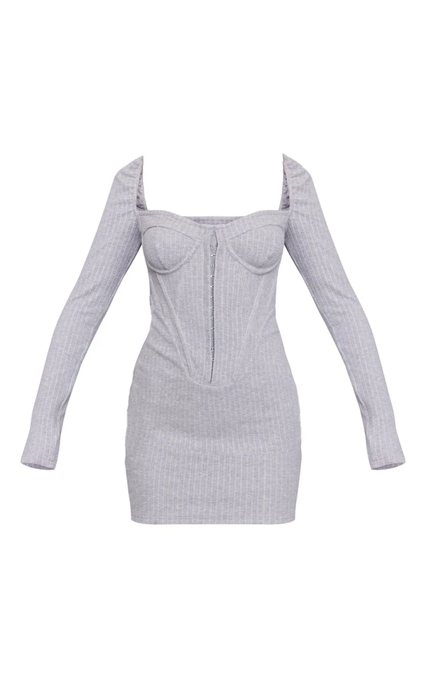 Robe Moulante Côtelée Texturée Gris Chiné à Manches Longues Et Corset 5 Robe Moulante Côtelée Texturée Gris Chiné à Manches Longues Et Corset – Image 5