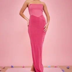 Robe Bustier Moulante Longue En Acétate Rose Vif à Parties Contrastantes