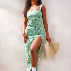 Robe Mi-longue Tissée Verte Fleurie Fendue -Pas Cher Robe Tendre Magasin ff44486fd8865bb1ea63c9aeeee6fc825d636914 cnd2044 3