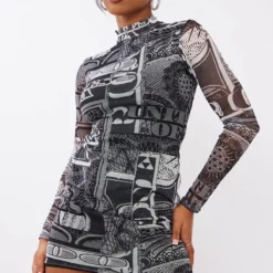 Robe Moulante En Mesh Froncé Noir & Blanc Imprimé Billets à Manches Longues -Pas Cher Robe Tendre Magasin ffc989ccfa783ccafb6965c39fe9ba61a37fed35 cnb7171 3